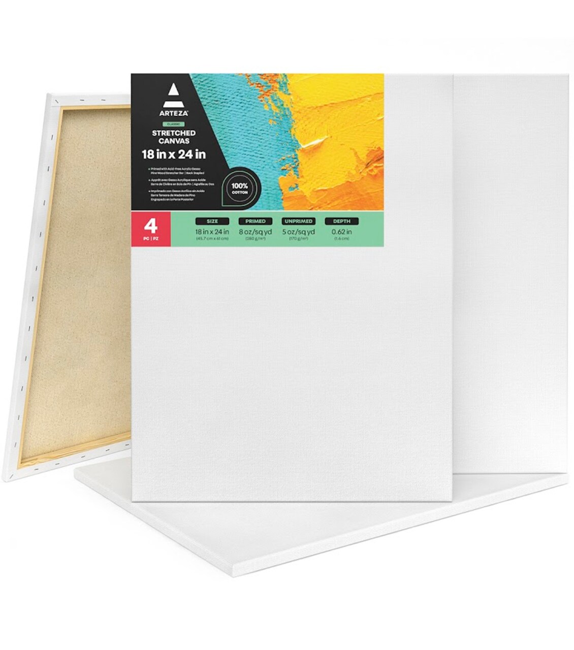 Arteza Stretched Canvas, Classic, White, 18"x24", Large Blank Canvas Boards for Painting - 4 Pack